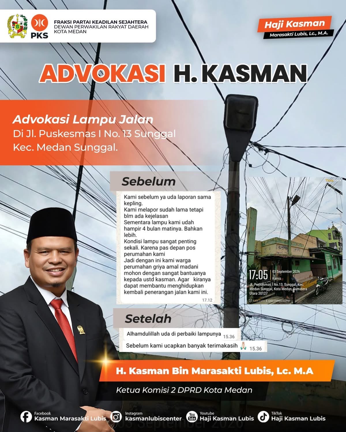 Lampu Jalan Kembali Menyala, H. Kasman Advokasi Aspirasi Warga Sunggal